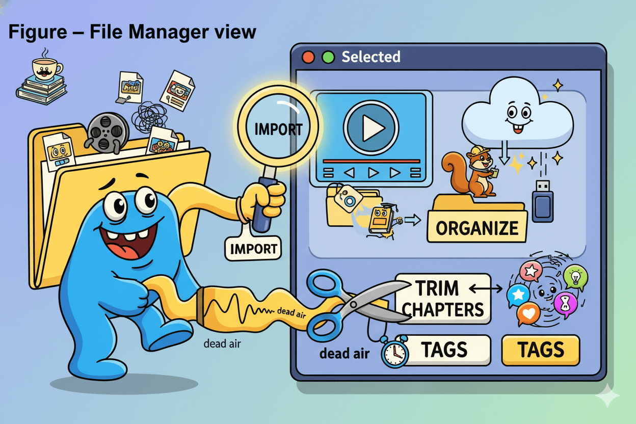 Playful illustration of a monster organizing files in a digital library, showing actions like import, trim, and tag for content management.