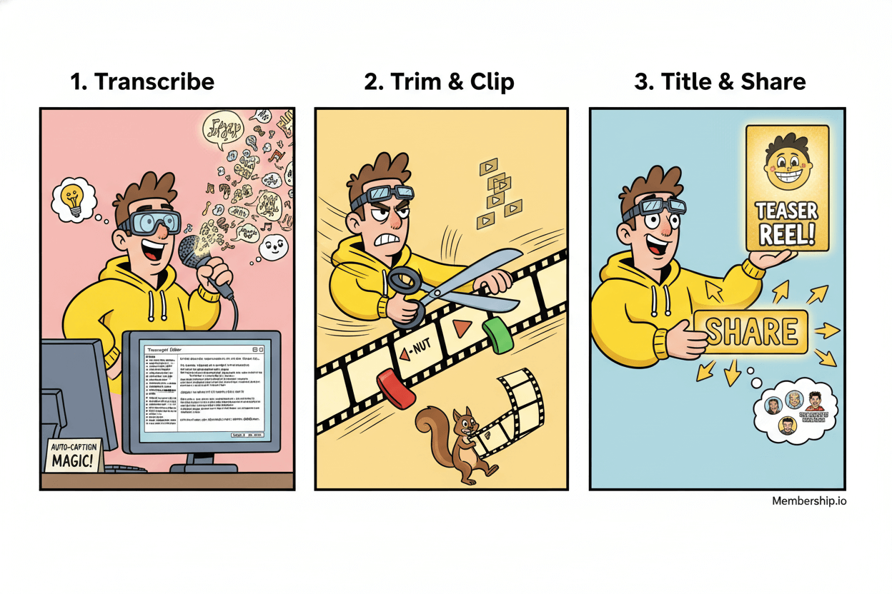 Three-panel cartoon shows a person transcribing, trimming video, and sharing a teaser reel, illustrating a content workflow.