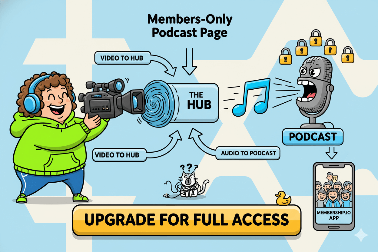 A cartoon marketer publishes video to a hub and audio to a podcast, with locks on some content, illustrating member-only content.