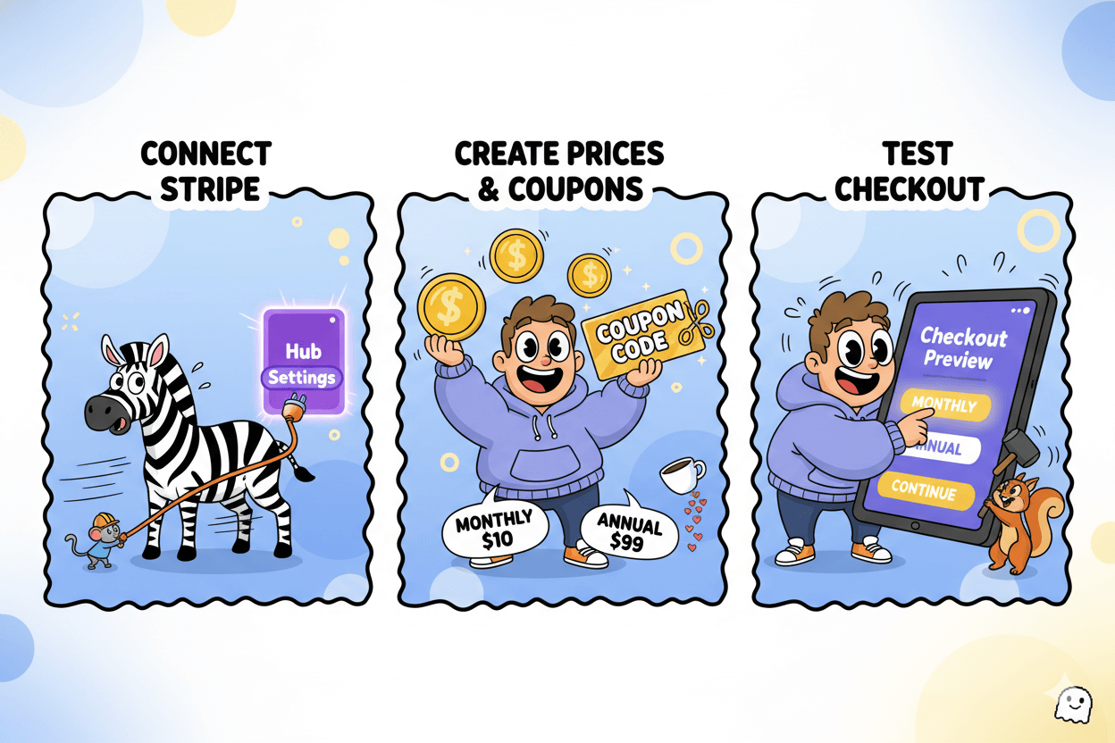 A three-panel cartoon shows connecting Stripe, creating payment prices and coupons, and testing checkout for membership.
