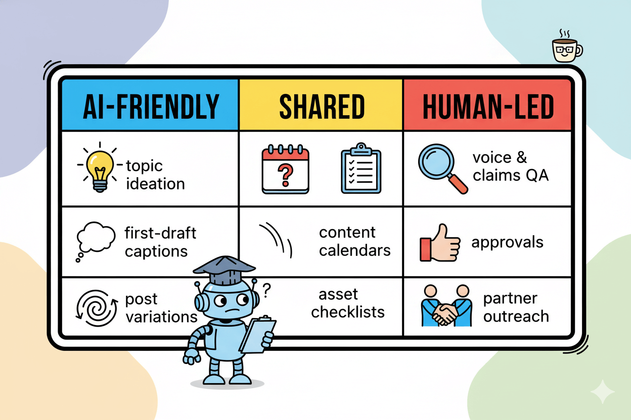 A cartoon robot stands beside a table detailing marketing tasks split into AI-friendly, shared, and human-led categories.