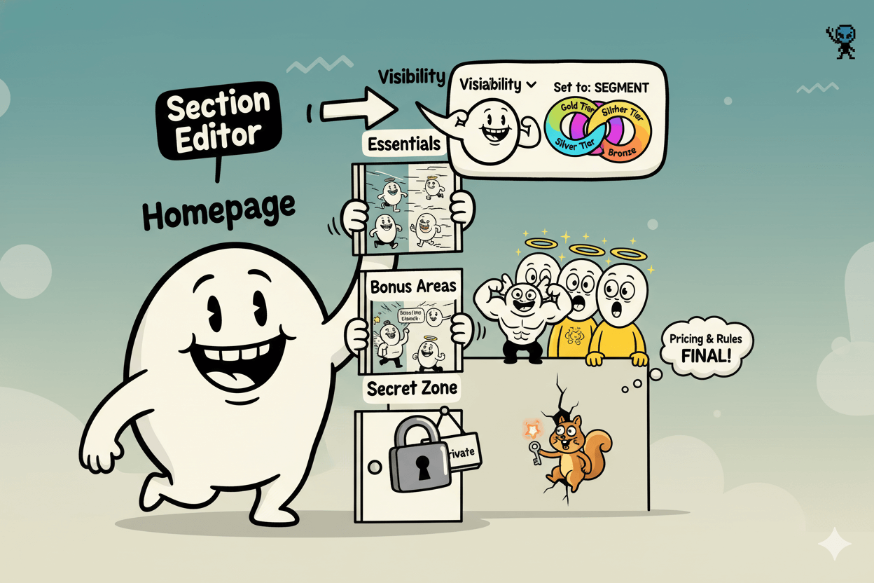A cartoon "Homepage" character holds up "Essentials" and "Bonus Areas" as a "Visibility" bubble decides who sees what content segments.