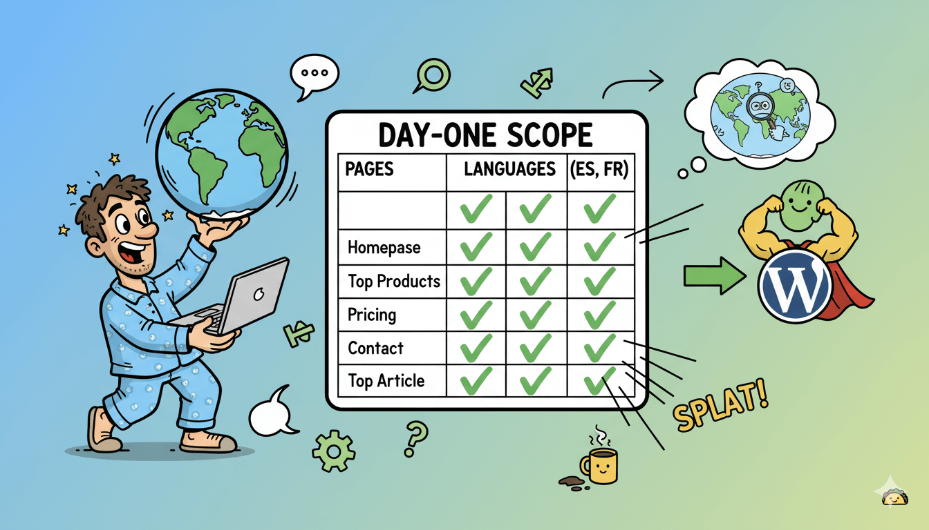 Cartoon man happily holds a globe and laptop next to a checklist for day-one scope of pages and languages for a website.