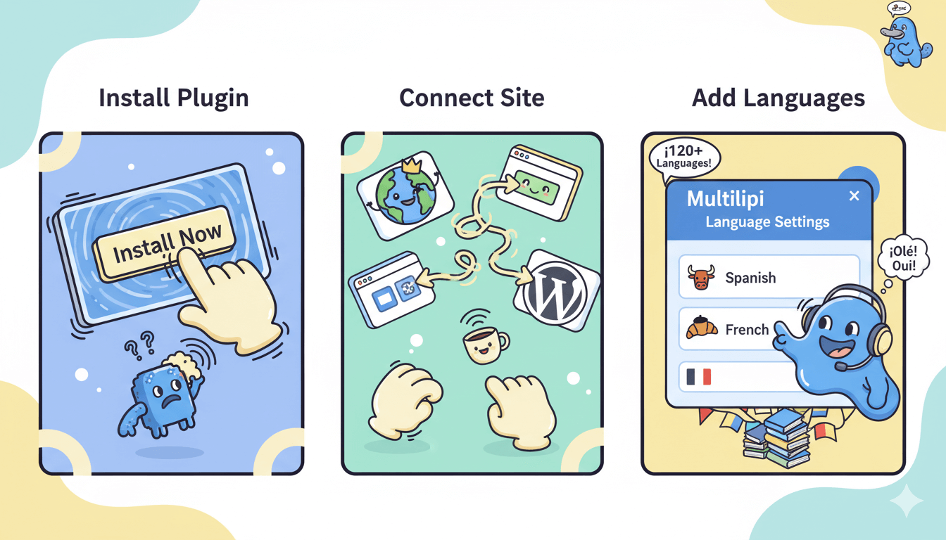 Three-step panel illustrating how to install Multilipi, connect a WordPress site, and add multiple languages for translation