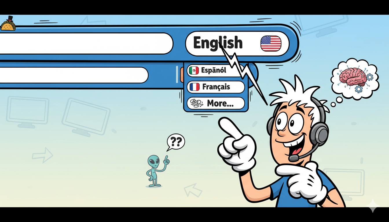 Cartoon man points to a website header with a visible language switcher dropdown, showing how to change languages with Multilipi.