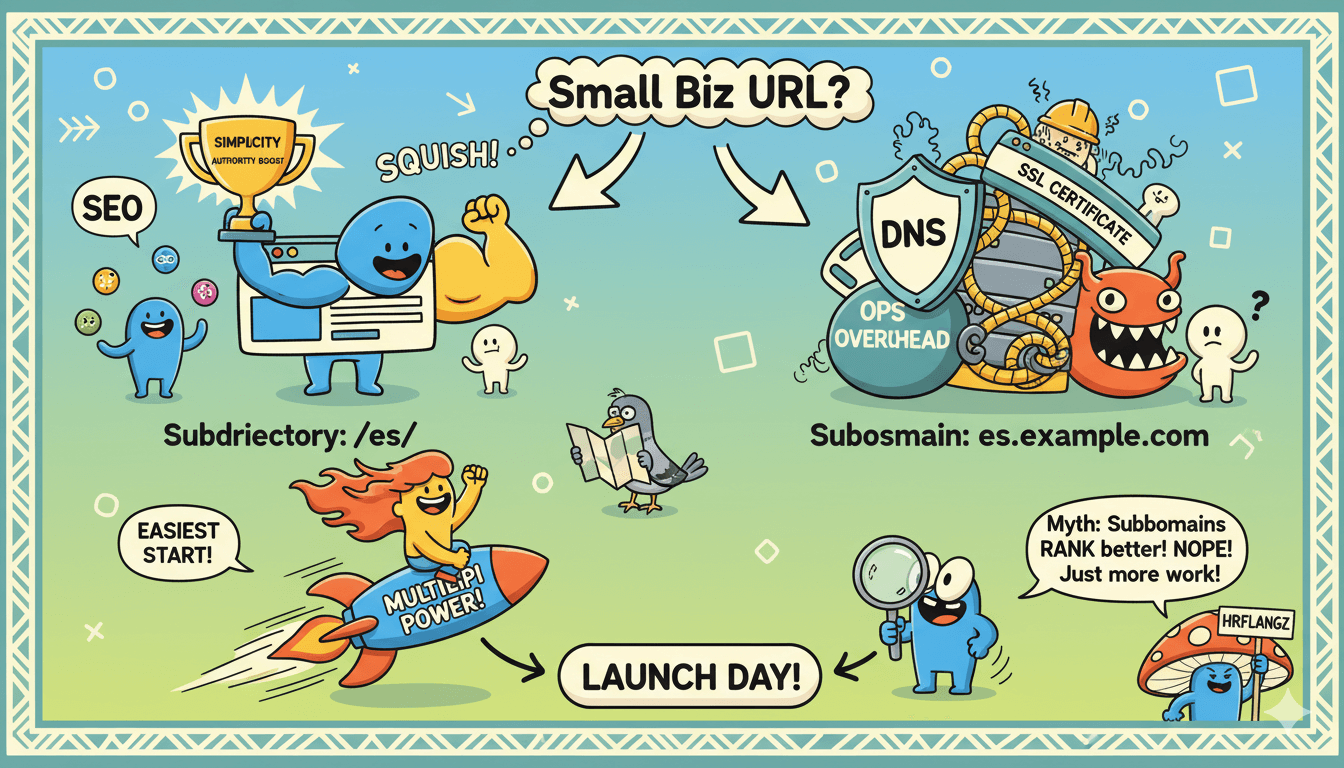 A humorous decision tree visually compares subdirectory simplicity for SMBs versus subdomain complexity, with pros and cons for URL structure.