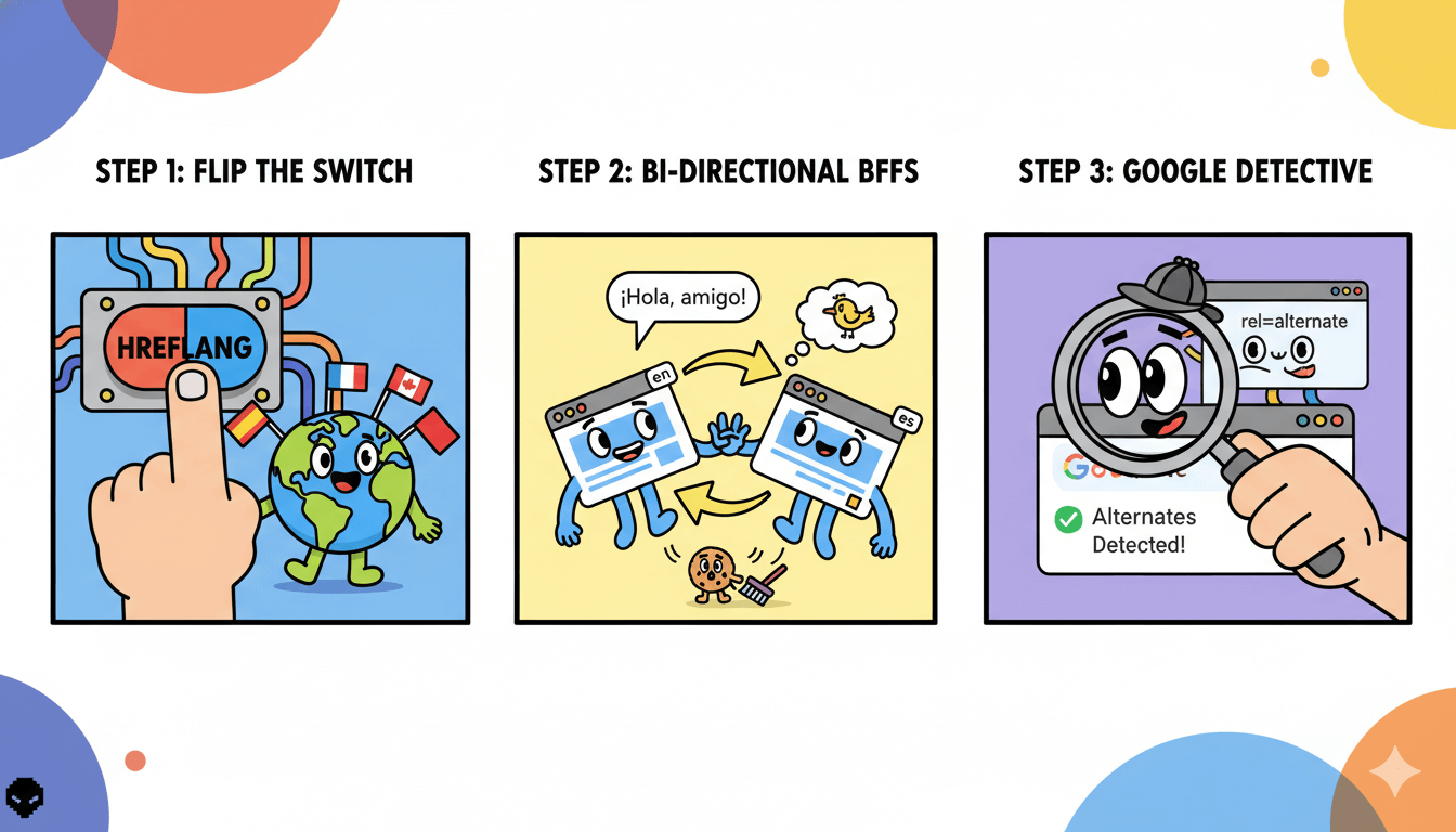 A three-panel cartoon illustrates enabling hreflang, bidirectional links, and verifying alternates in Google Search Console