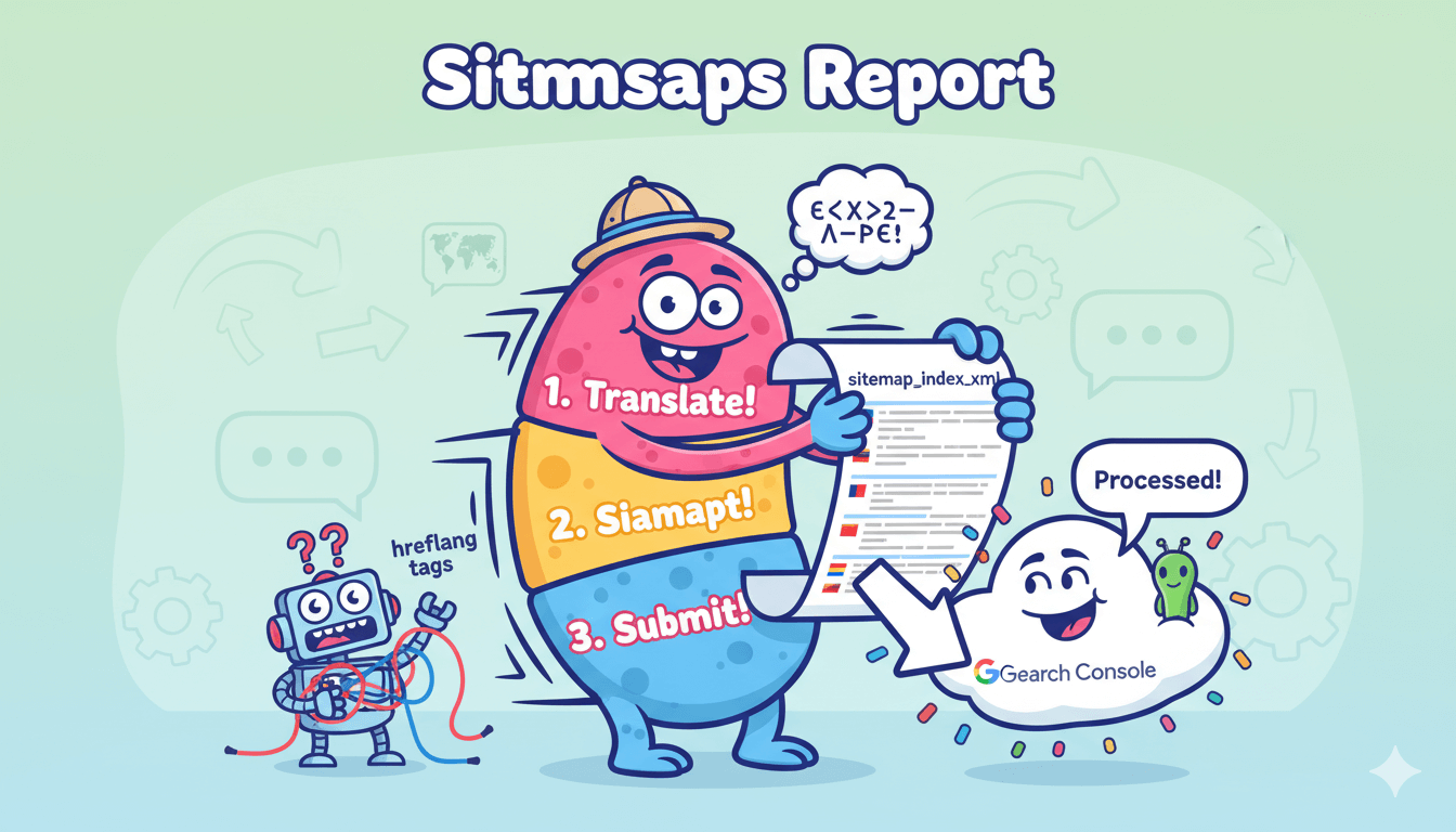 A cartoon character submits a multilingual sitemap for processing to Google Search Console, as another character works with hreflang tags