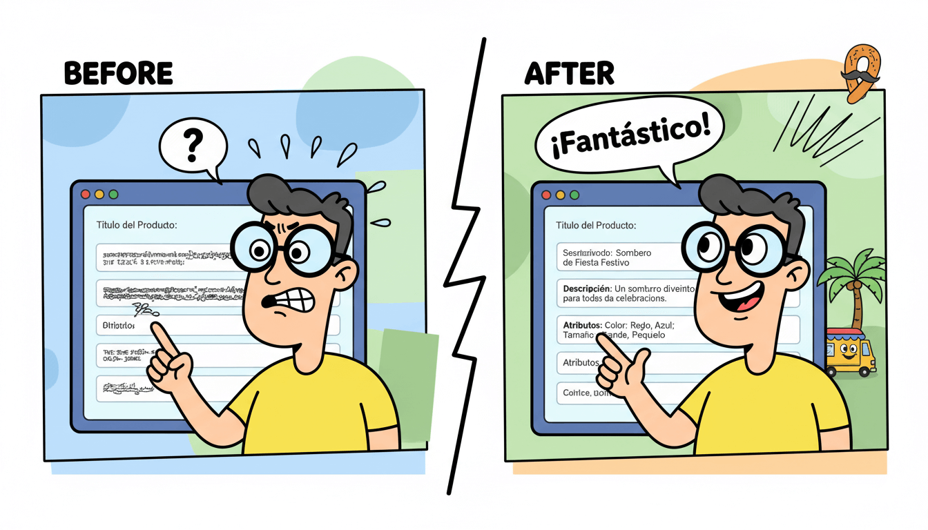 A cartoon split comparison showing a product editor with garbled text "before" translation and correctly translated Spanish text "after" translation, illustrating proper localization.