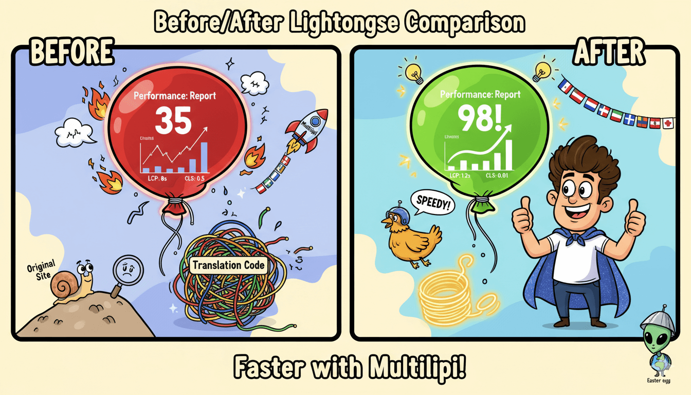 A cartoon before-and-after comparison shows a slow website transforming into a fast, multilingual one after optimization.
