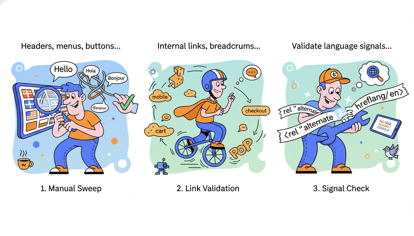 Three cartoon panels depict a human quality assurance checklist for website translations, covering manual sweep, link validation, and signal checks.
