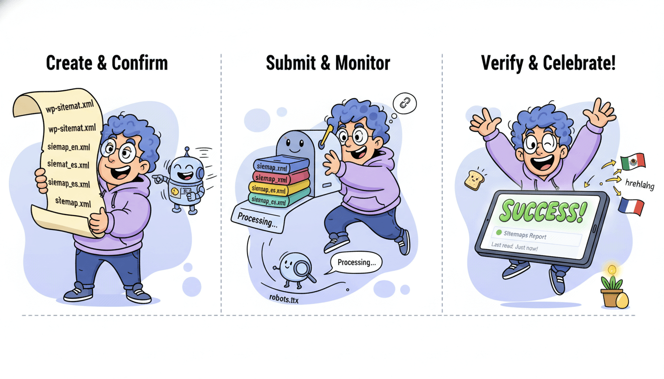 A three-panel cartoon shows a person creating sitemaps, submitting them to search console, and celebrating success after verification.