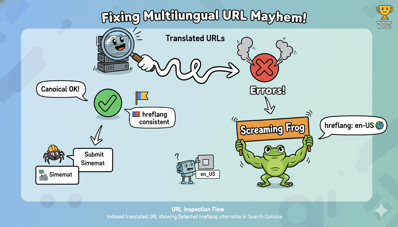 A humorous flowchart visually explains how to fix multilingual URL errors, emphasizing tools like Screaming Frog for detection and correction.