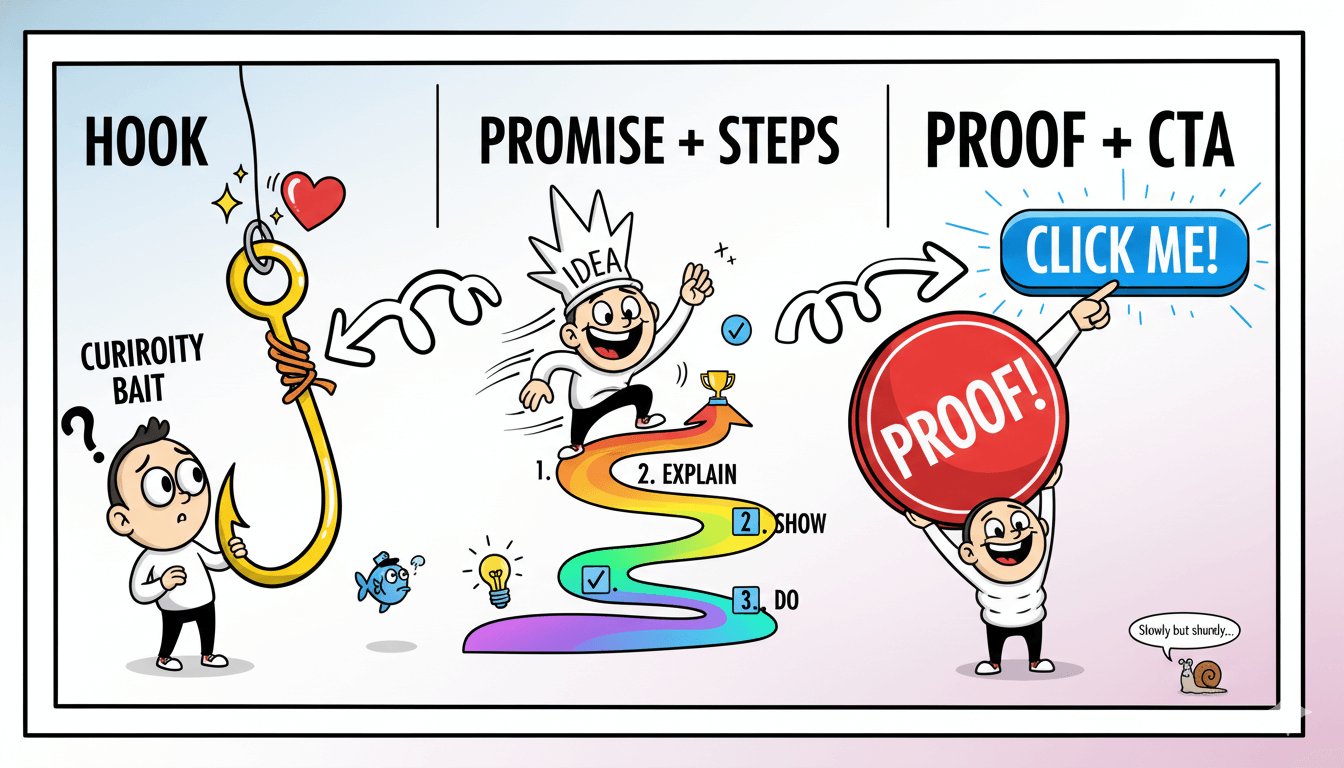 A humorous flowchart cartoon illustrates a script's basic elements: hook, promise, steps, proof, and call to action.