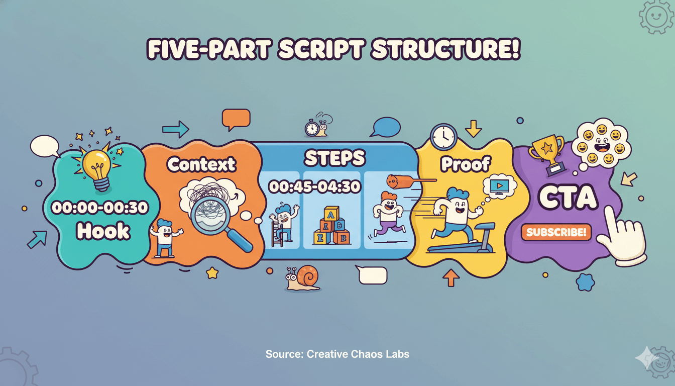 Cartoon horizontal timeline shows a five-part script structure for YouTube videos with hook, context, steps, proof, and CTA sections.