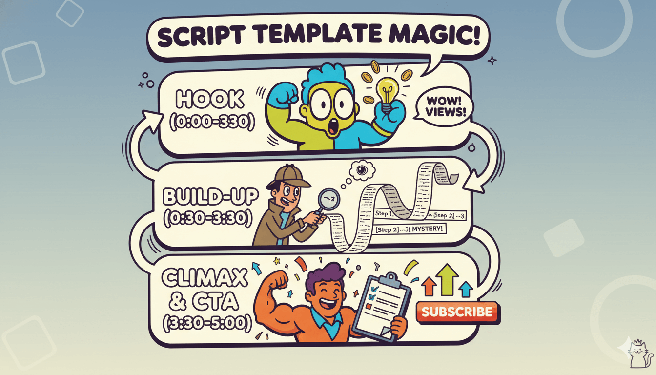 A three-panel cartoon flow chart explains YouTube script sections like hook, build-up, and call to action with a creator character in each panel.