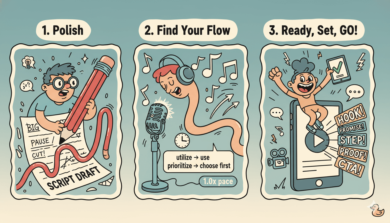 Three panels illustrate script mark-up steps: a person editing a script, a worm-like character speaking into a mic, and a happy creator with a checklist.