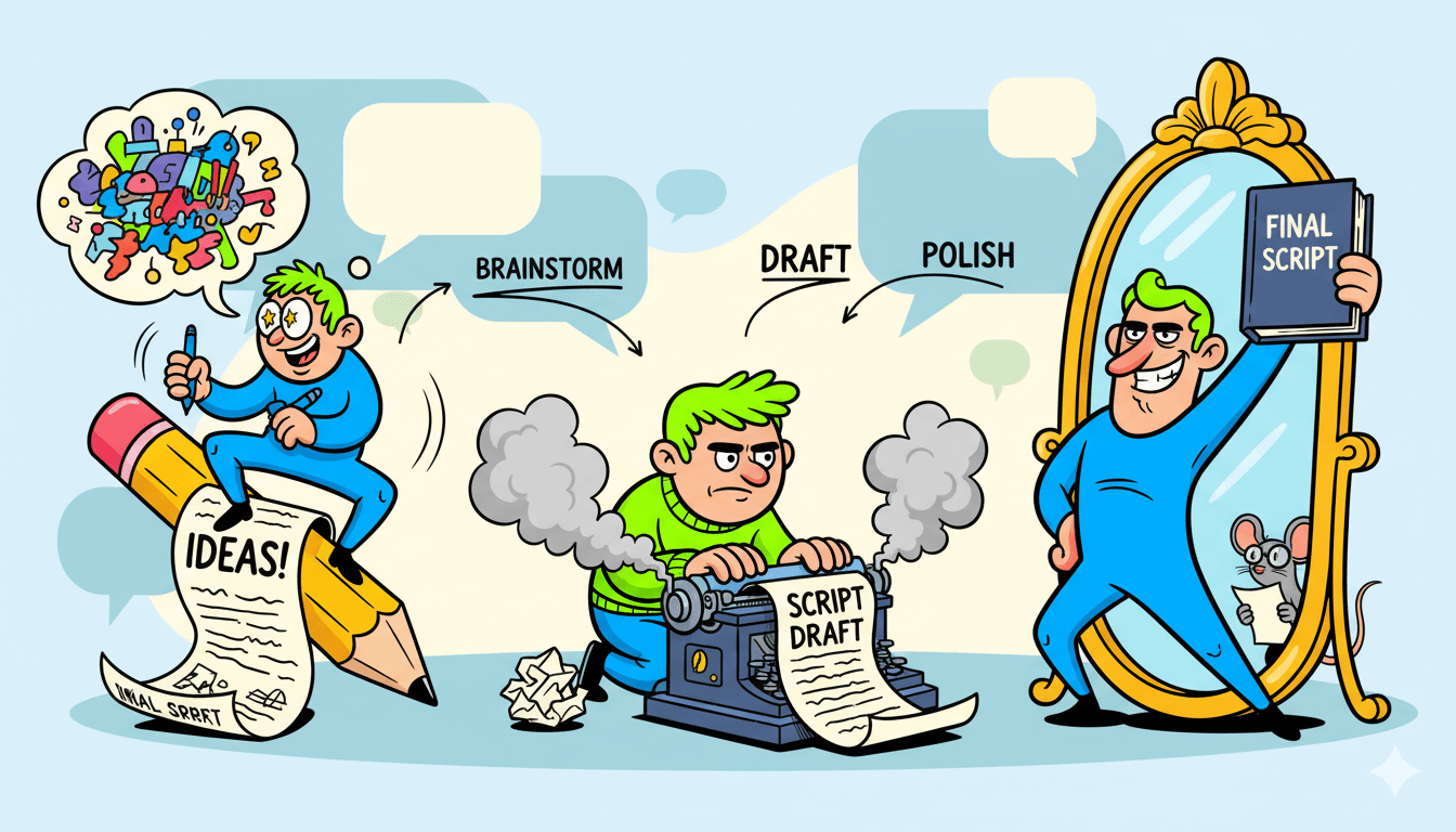 Cartoon characters illustrate a three-step scriptwriting process: brainstorming, drafting, and polishing for a YouTube guide.
