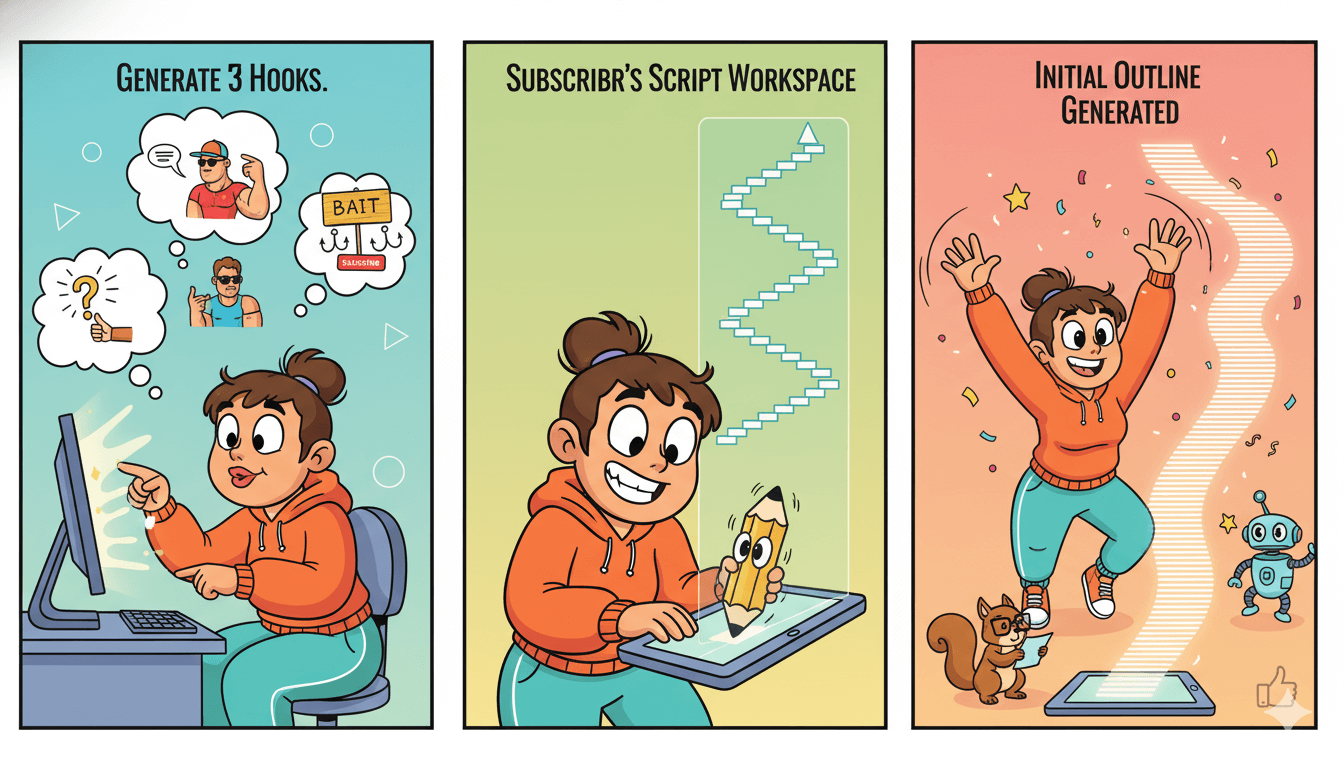 Three-panel cartoon shows a creator choosing a YouTube hook, then using a script workspace to generate an initial outline.