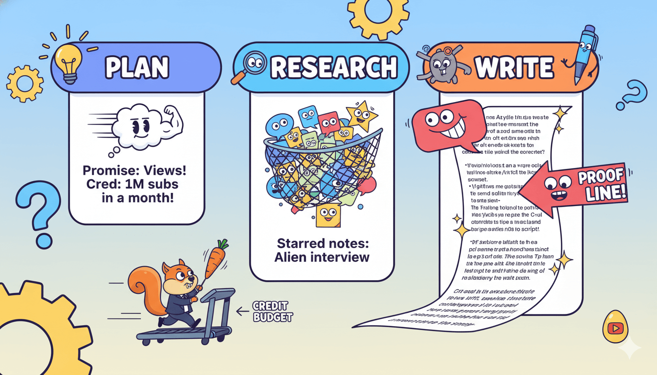 A playful three-panel cartoon shows a script editor with tabs for planning, research, and writing content, emphasizing structure.