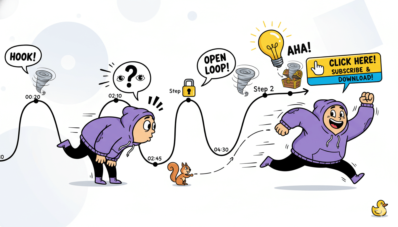 Markers at 00:20, 02:10, and 04:30 show short teases, with answers later in the script.