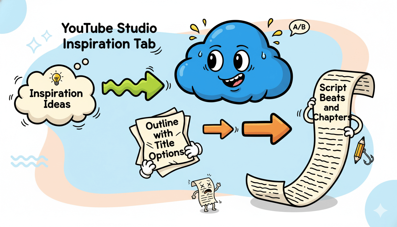 A cartoon flowchart shows YouTube Studio Inspiration tab helping generate ideas, outlines, and script beats for content creation