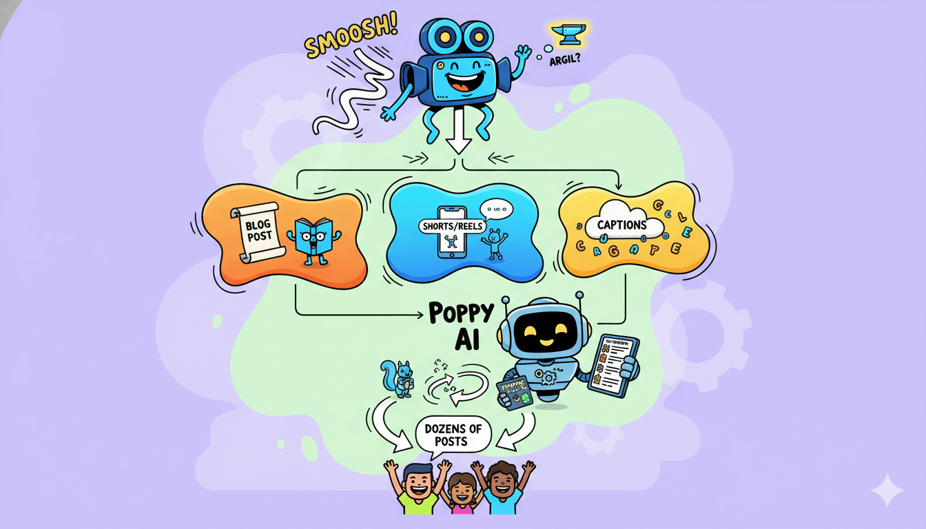 A playful flowchart illustrates how one video can be repurposed into a blog, shorts, and captions with the help of AI.