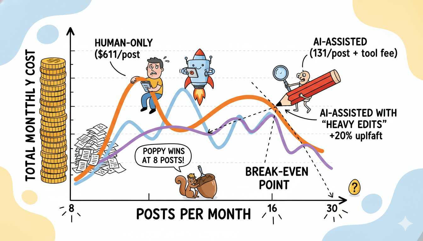 A playful line chart illustrates human-only, AI-assisted, and heavily edited AI-assisted content costs per month.