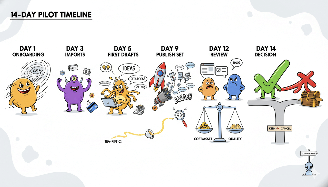 A playful, colorful timeline shows a 14-day pilot plan with cartoon characters demonstrating onboarding, imports, drafts, publishing, review, and a final decision, illustrating the simple pilot plan.