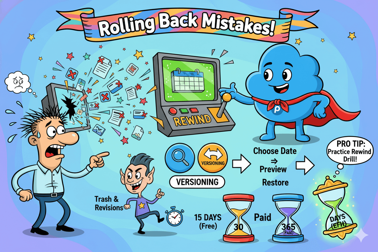 Playful cartoon demonstrating how pCloud helps entrepreneurs recover from mistakes with file versioning, full account rewind, and extended file history.