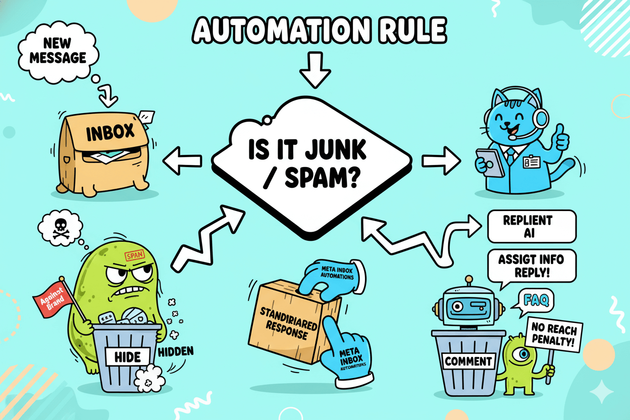 A playful flowchart demonstrates Replient AI's automation rules for moderating messages, showing how it hides spam or assigns replies.