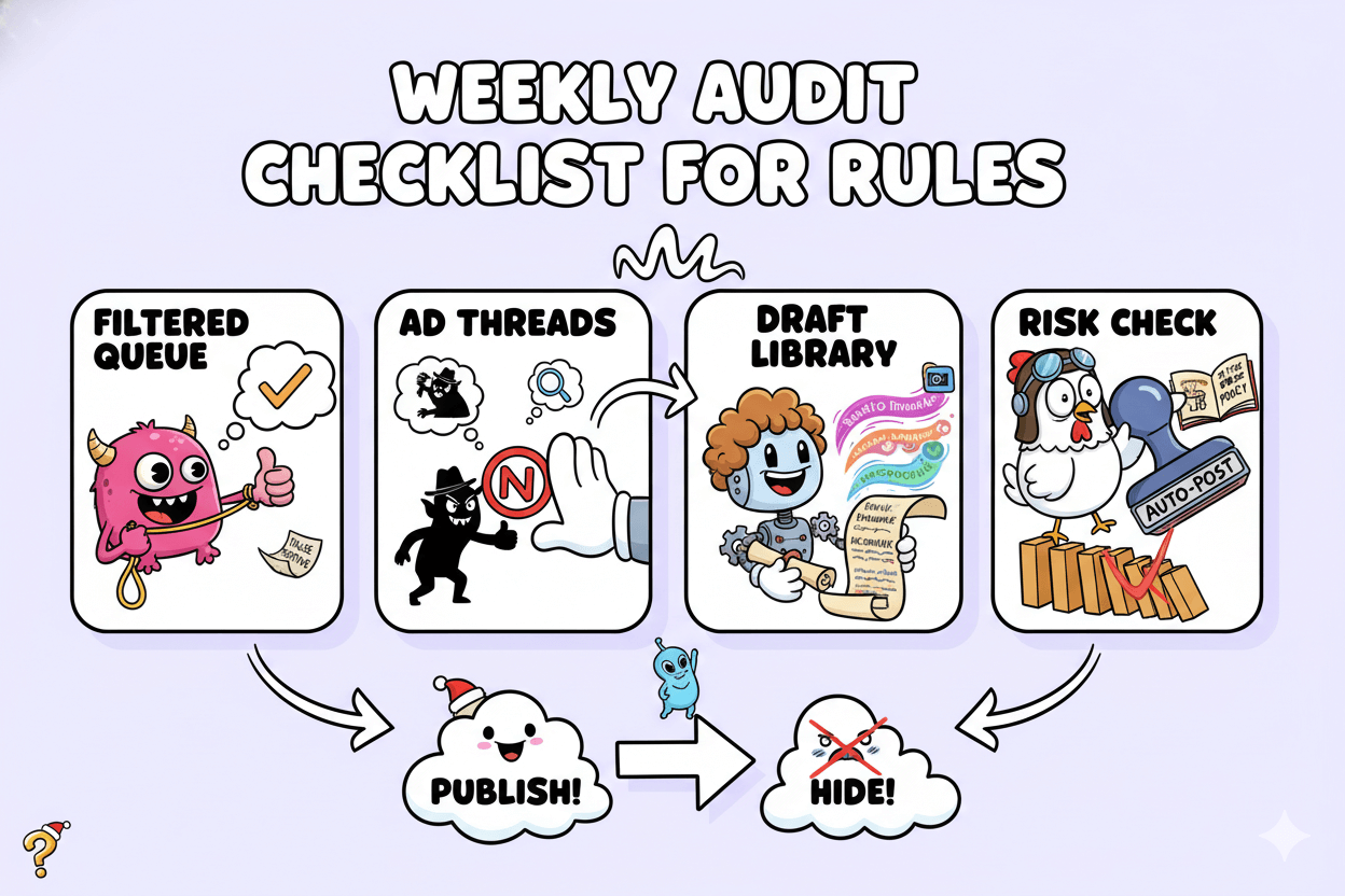 A four-step cartoon workflow showing comment filtering, ad thread checks, draft library refresh, and risk assessment for content moderation.