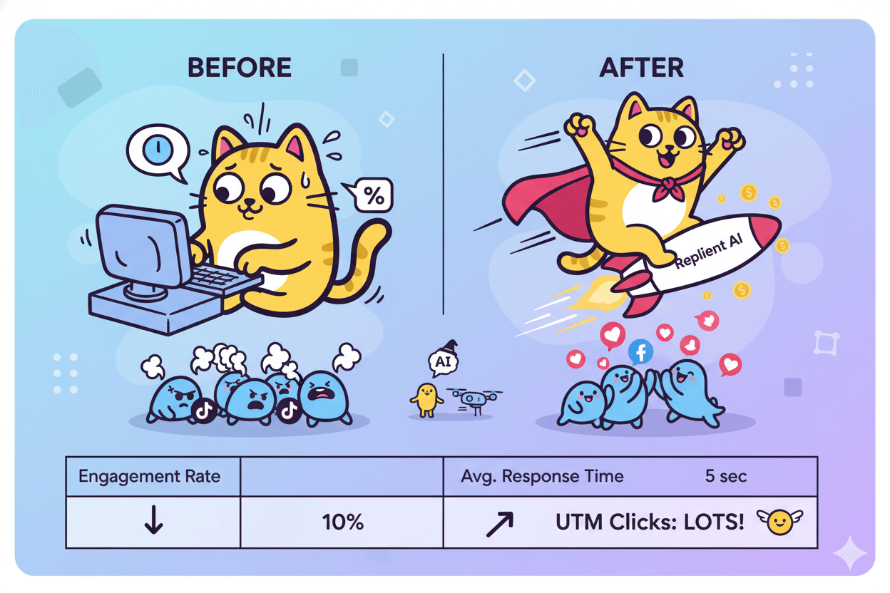 A cartoon cat struggling with social media before using Replient AI, then successfully launching on a rocket with improved metrics.