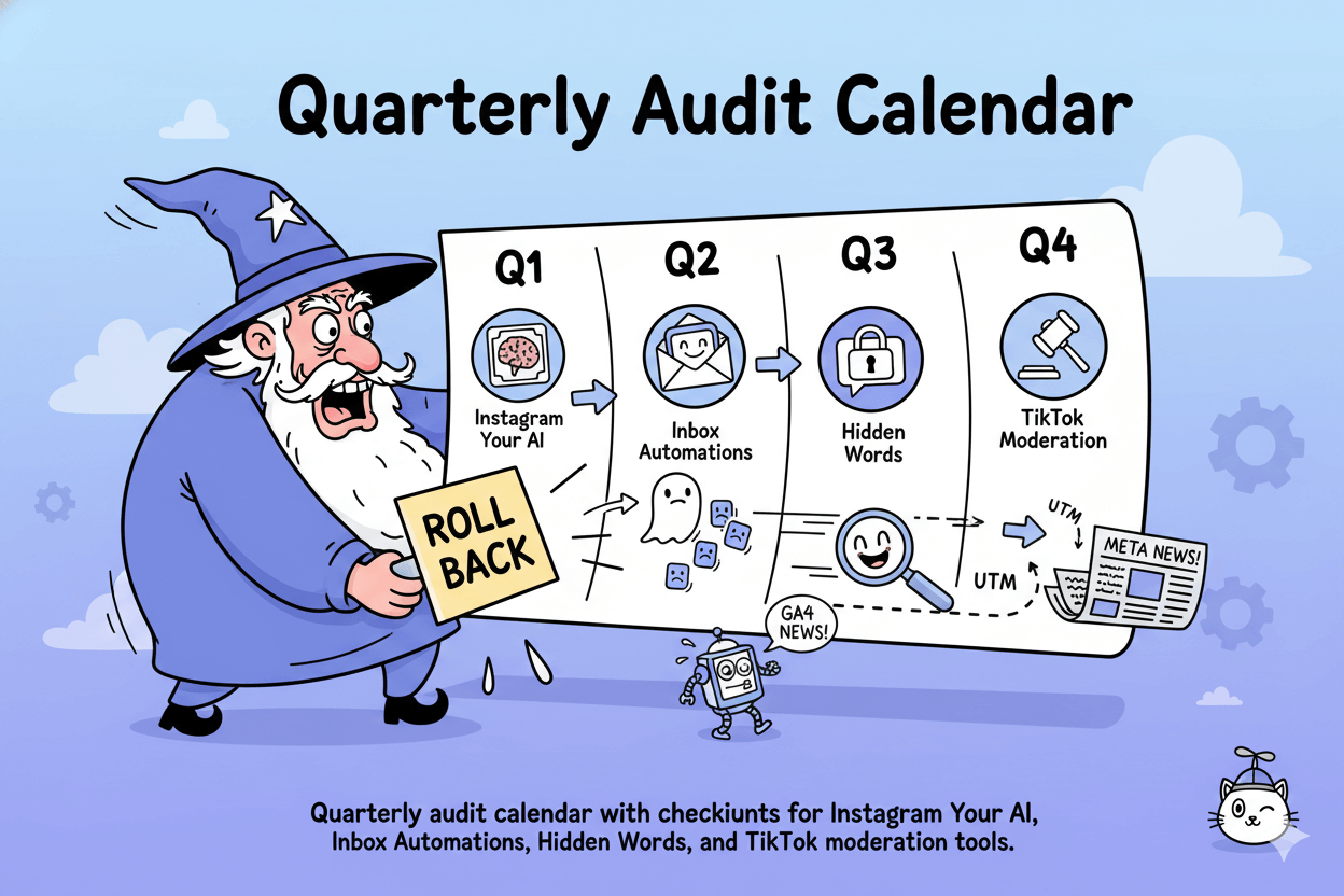 A cartoon wizard pushes a "rollback" button on a quarterly audit calendar, illustrating the importance of an update log and rollback plan.