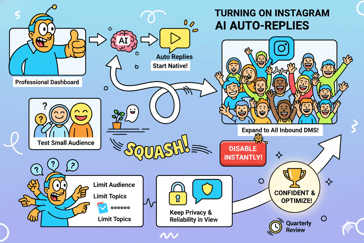 A humorous flowchart shows cartoon characters setting up Instagram AI auto-replies, testing them, and managing settings for safe use.