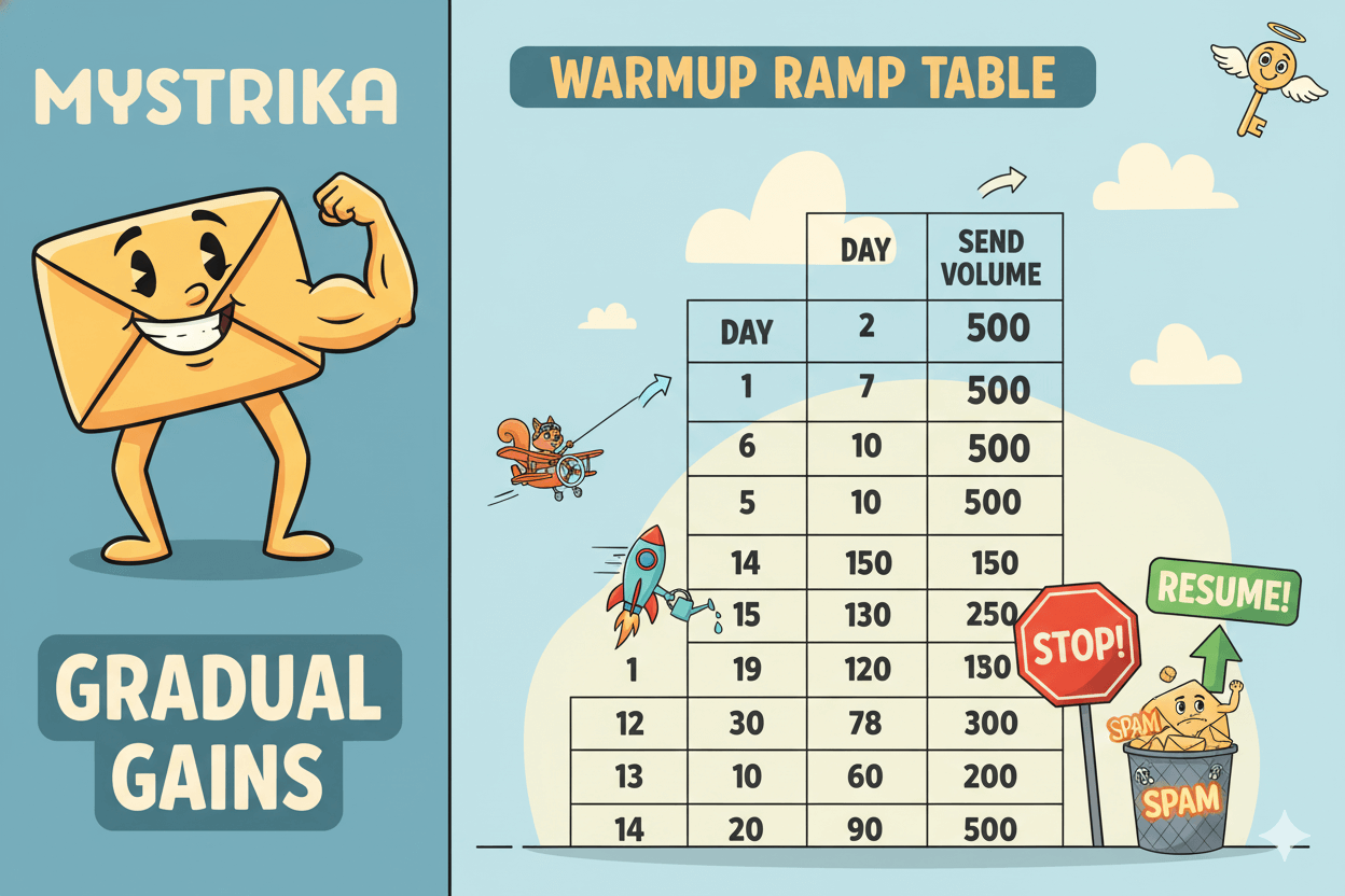 Cartoon email flexes next to a warmup ramp table showing gradual daily send increases and a spam can, illustrating email domain reputation.