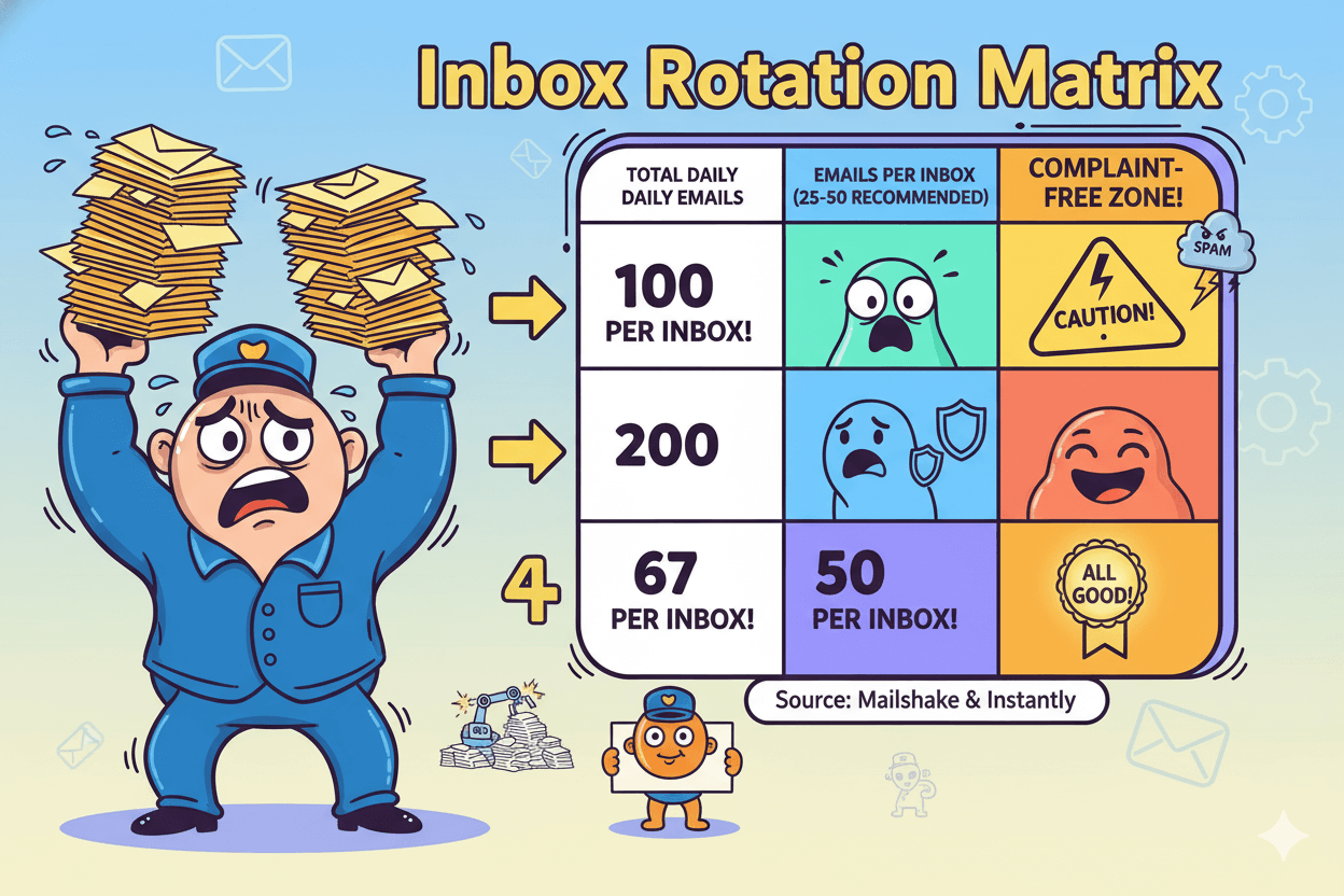 A cartoon postman struggles with too many emails next to an inbox rotation matrix, explaining how to scale email volume.