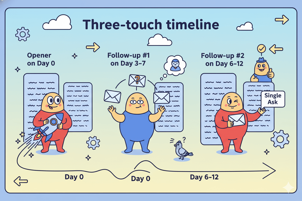 A cartoon timeline shows three character-represented email follow-ups at different days, illustrating a multi-touch email strategy.