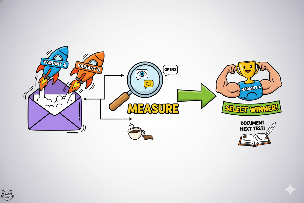Cartoon rockets labeled variant A and B launch from an envelope, illustrating an A/B test flow to measure and select a winner.