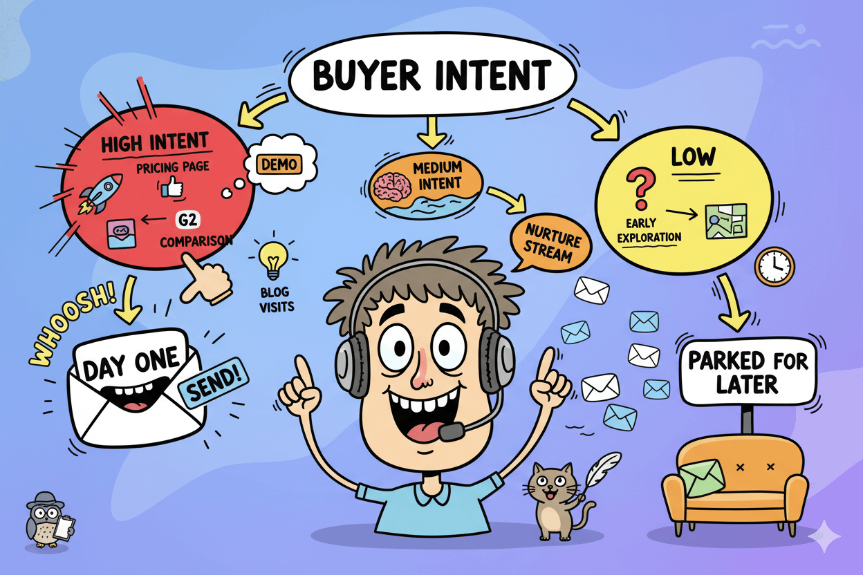 Cartoon flowchart shows a marketer prioritizing buyer intent into high, medium, and low tiers for email campaign strategy.