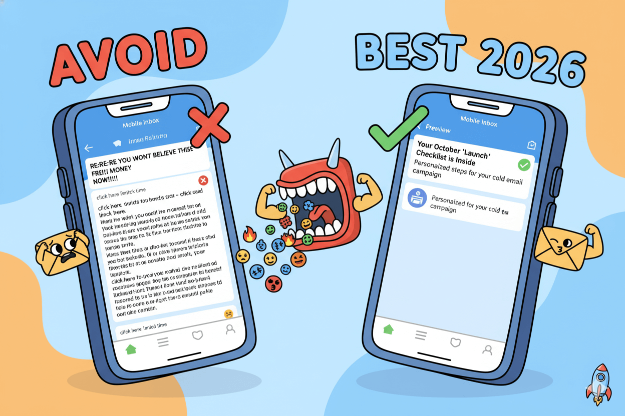 A split comparison of two mobile inbox previews, one showing bad email practices to avoid and the other good practices.