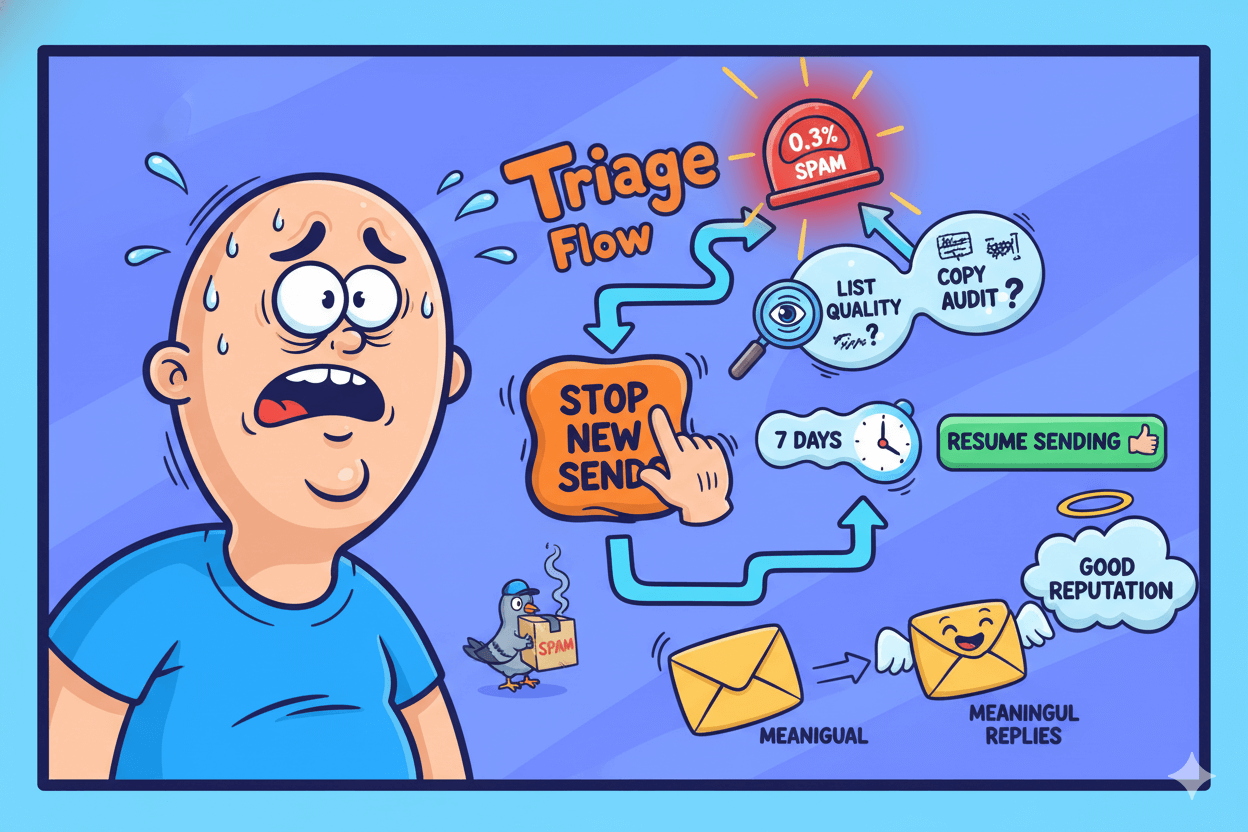 A worried man observes a "Triage Flow" diagram showing steps to take if spam rates exceed 0.3%, ensuring email reputation.