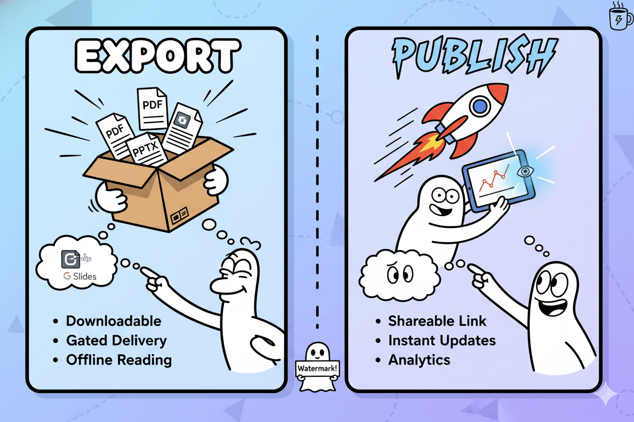 A two-column comparison card visually contrasts "Export" options like PDF and PPTX with "Publish" benefits, including a shareable link and analytics.