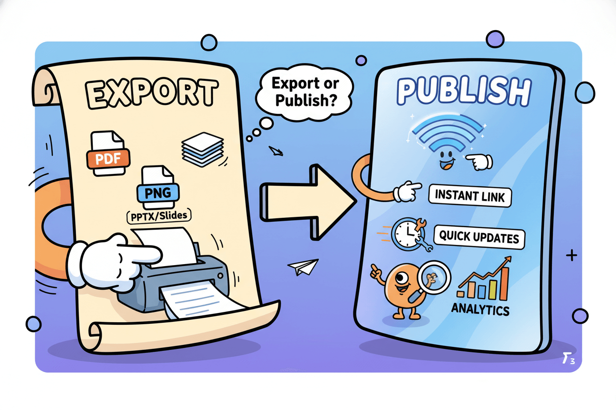 A humorous split comparison shows a roll of paper on the left labeled "Export" with a printer, and a tablet on the right labeled "Publish" with benefits.