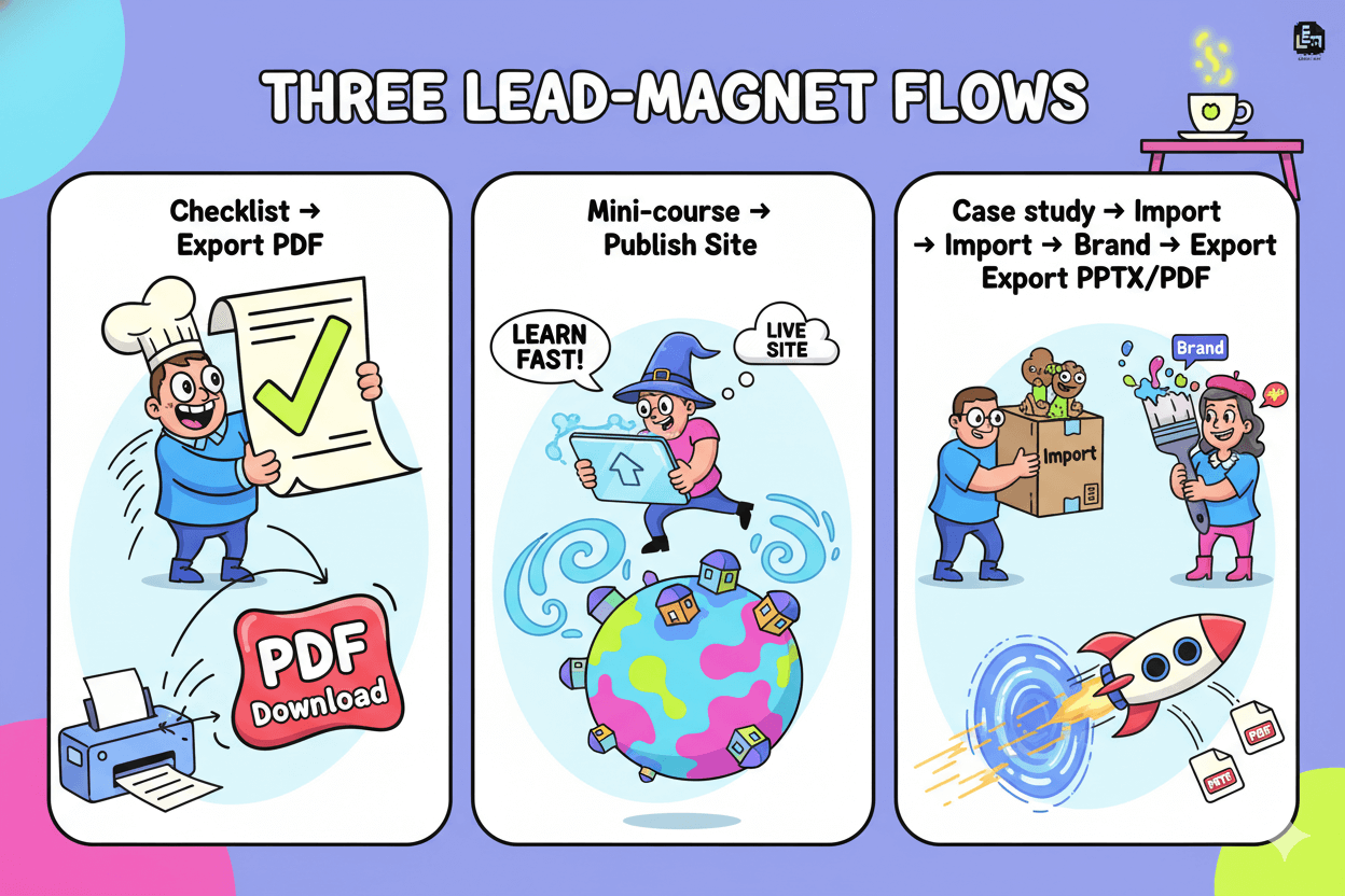 A three-column diagram titled "Three lead-magnet flows" illustrates different creation processes for content like checklists, mini-courses, and case studies.
