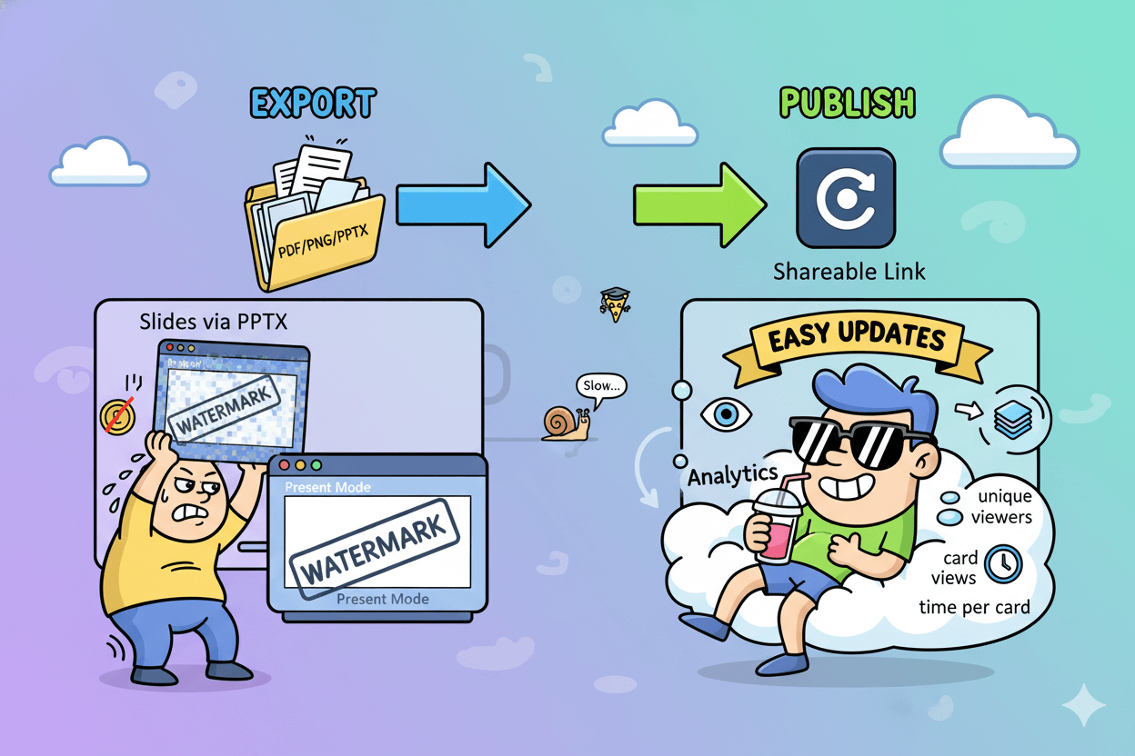 A humorous cartoon flowchart compares "Export" and "Publish" options in Gamma, showing the benefits of publishing for analytics and easy updates.