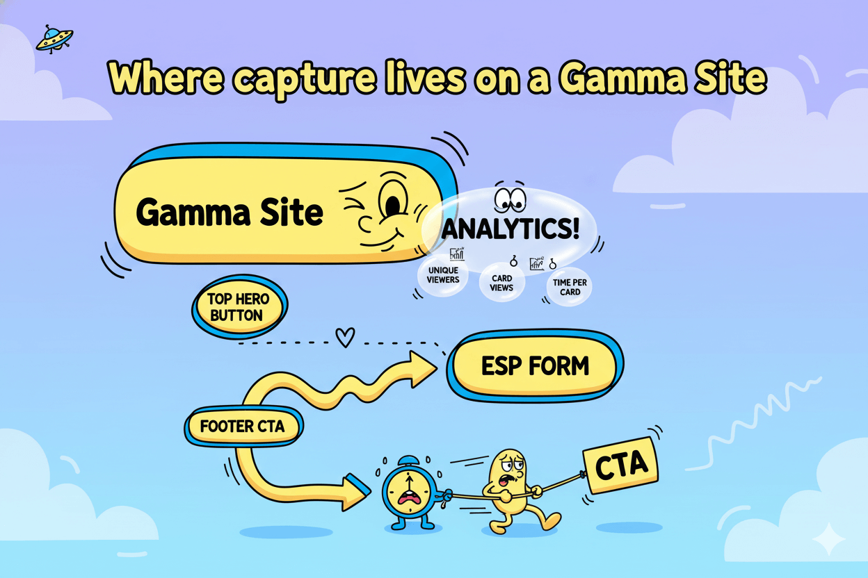 A cartoon flowchart illustrates a "Gamma Site" with a hero button and footer CTA leading to an ESP form, emphasizing analytics for conversion.