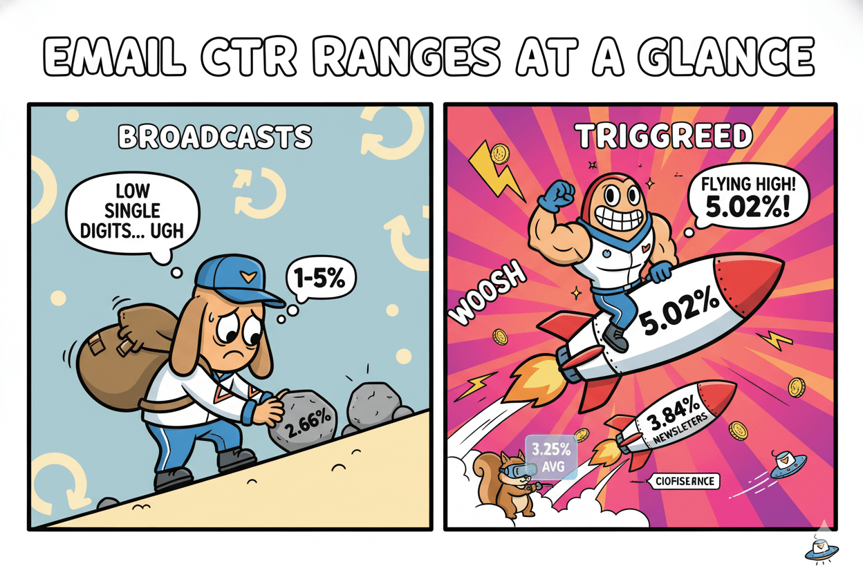 A cartoon split comparison shows a sad dog struggling with low broadcast email CTR versus a superhero on a rocket with high triggered email CTR.