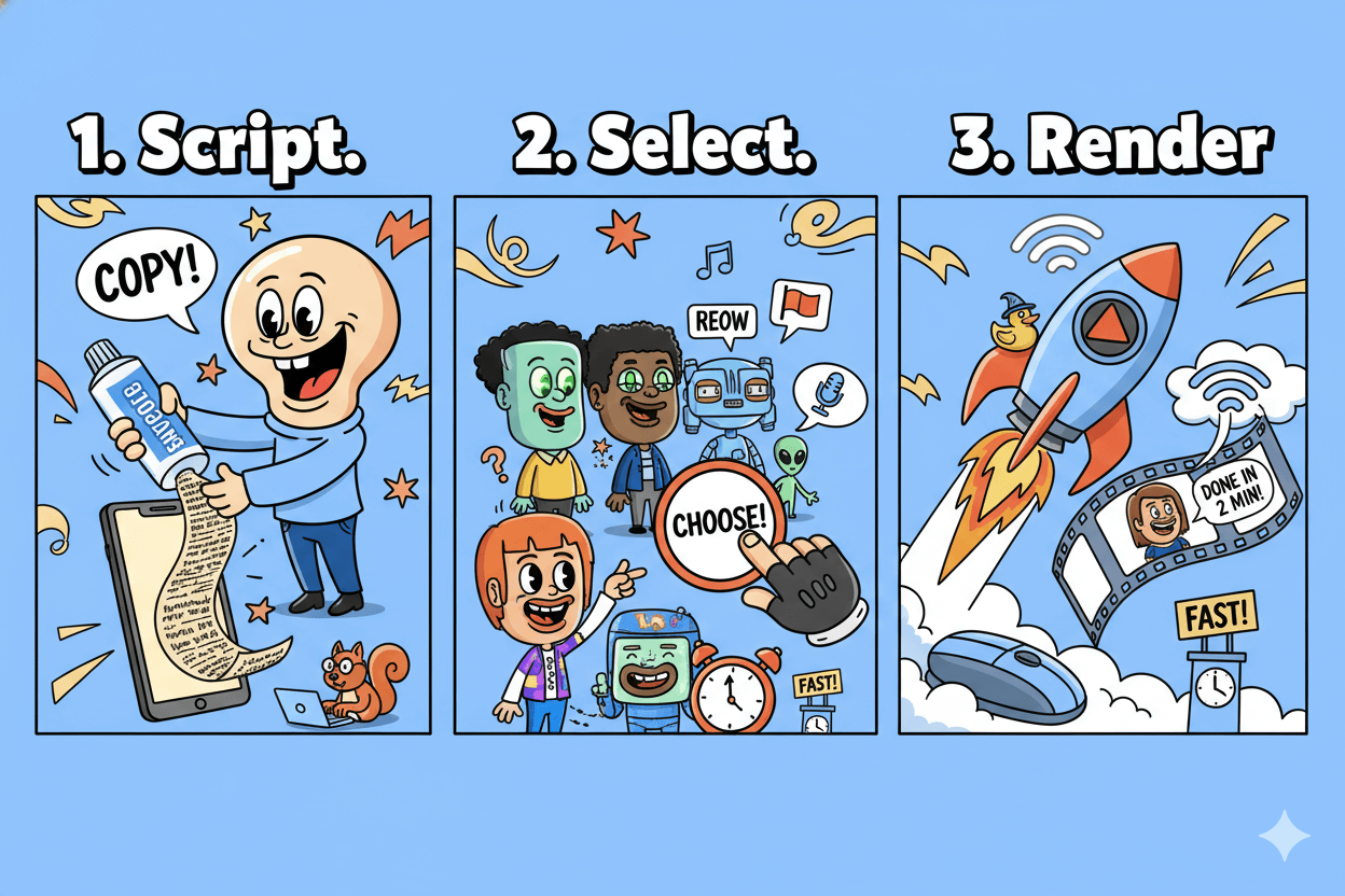 A 3-step cartoon panel shows the process of MakeUGC: script, select, and render, explaining how it works.