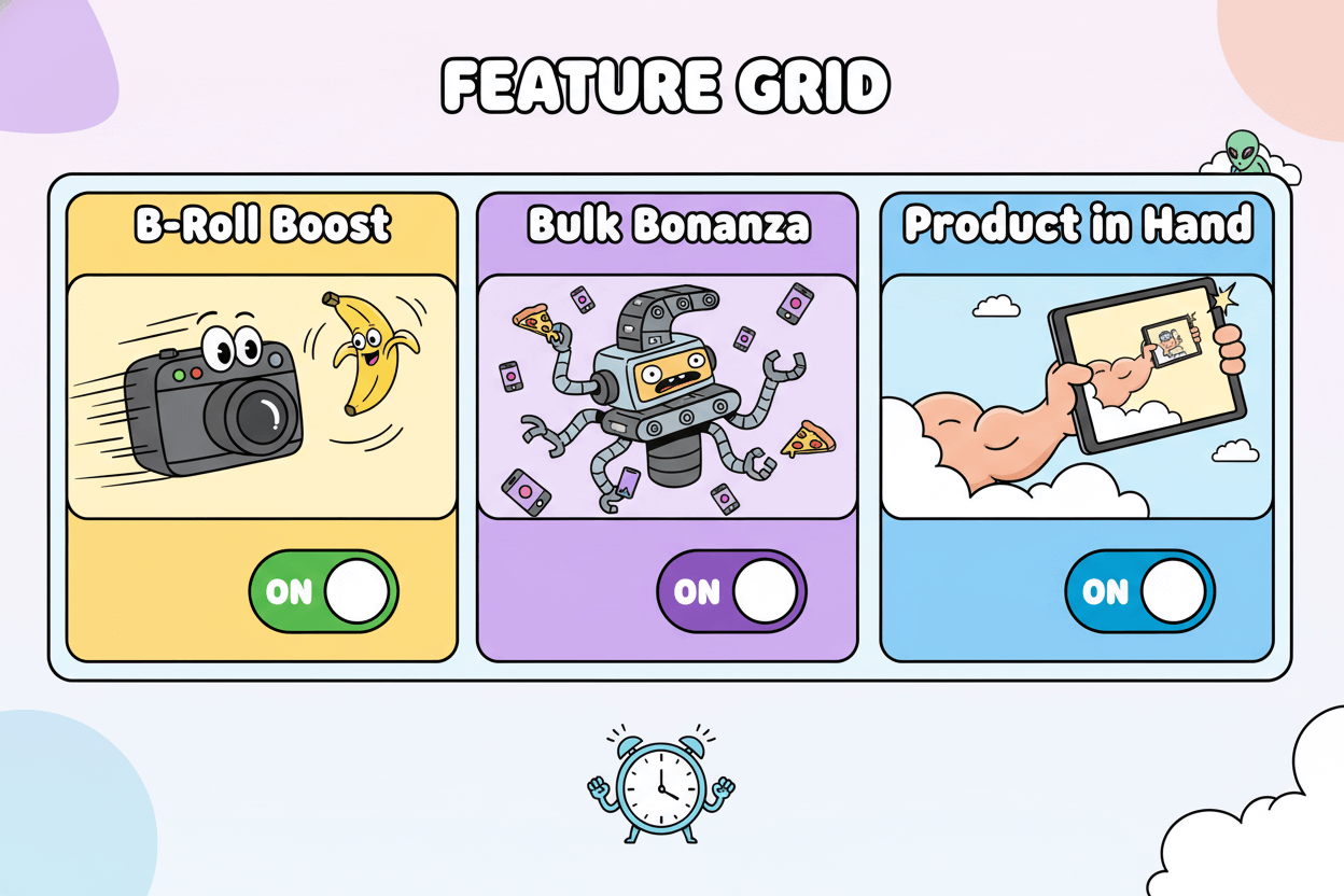 Cartoon feature grid showing toggles for "B-Roll Boost," "Bulk Bonanza," and "Product in Hand" to illustrate MakeUGC speed levers.